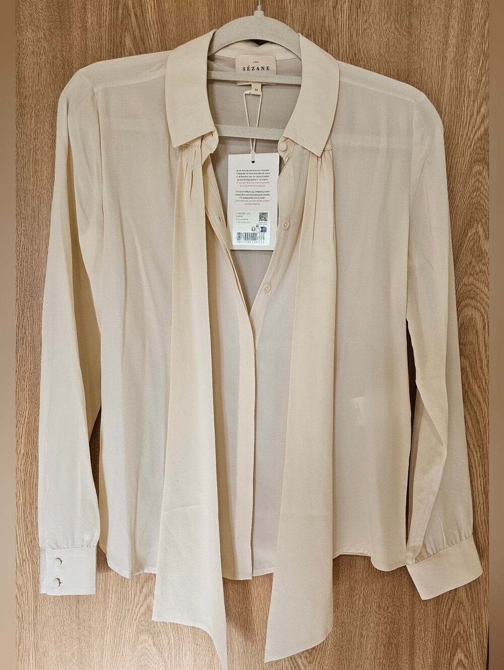 NWT Sezane 100% Silk Cream Ivory Blouse Top Removable Neck Tie Size 34 S XS - Picture 6 of 12